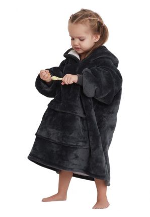 Fleece deken met capuchon & mouwen - klein kind - zwart