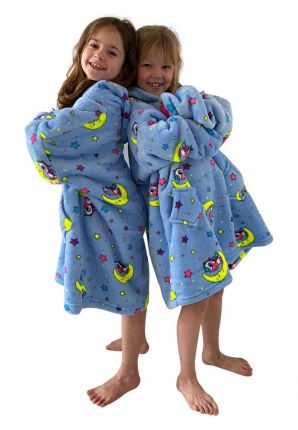 Fleece deken met capuchon & mouwen - kind - unicorn blauw