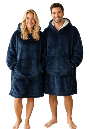 Fleece deken met capuchon & mouwen - donkerblauw