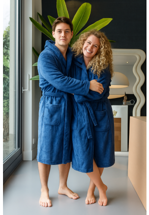 blauwe fleece badjas met capuchon