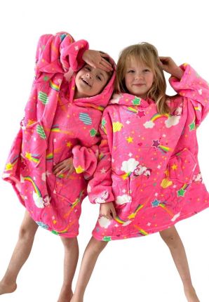 Fleece deken met capuchon & mouwen - kind - unicorn roze