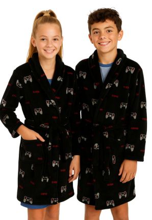 Controller tieners ochtendjas in fleece – zwart