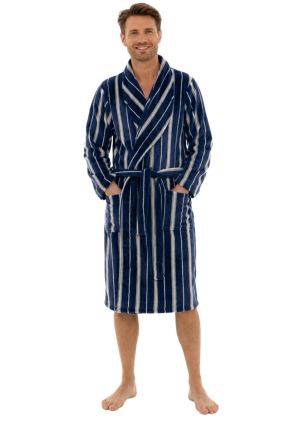 Heren fleece badjas met streep dessin - kamerjas