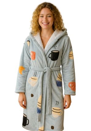 Koffie badjas fleece met capuchon - luxe voering