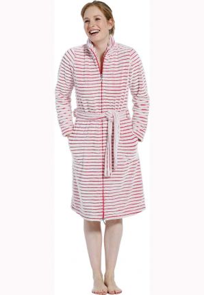 Roze ochtendjas met rits streep dessin