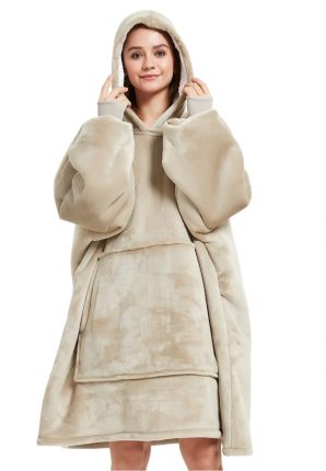 Fleece deken met capuchon & mouwen - beige