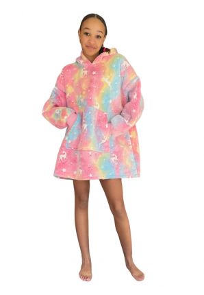 Fleece deken met capuchon & mouwen - kind - unicorn glow