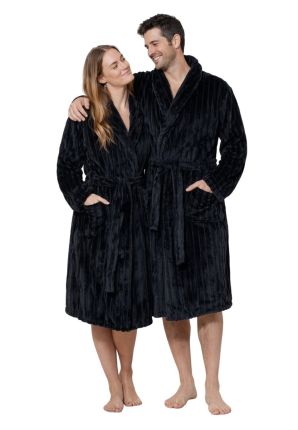 Ribcord badjas fleece – sjaalkraag - zwart