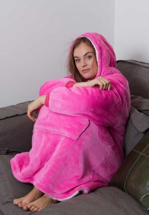 Fleece deken met capuchon & mouwen - roze