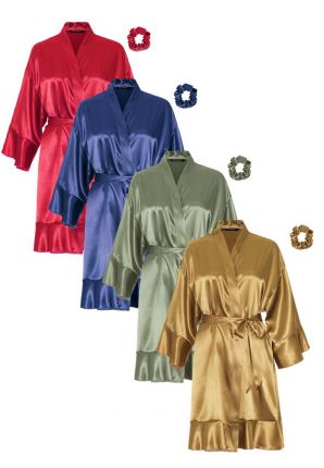 Satijnen badjas kimono ruffle borduren – 4 kleuren