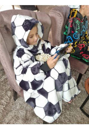 Fleece deken met capuchon & mouwen – kind - voetbal