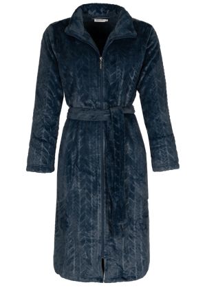 Pastunette damesbadjas donkerblauw met rits – fleece