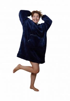 Fleece deken met capuchon & mouwen - donkerblauw