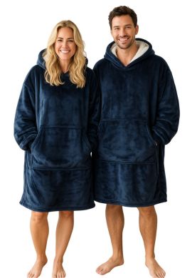 Fleece deken met capuchon & mouwen - donkerblauw