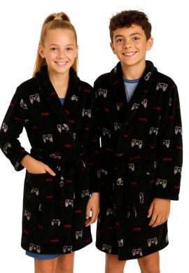 Controller tieners ochtendjas in fleece – zwart