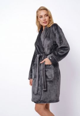 Grijze damesbadjas kroon borduringen - kort model - fleece