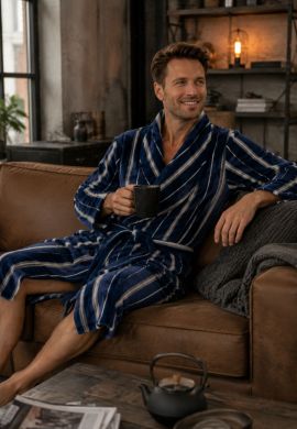 Heren fleece badjas met streep dessin - kamerjas