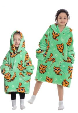 Fleece deken met capuchon & mouwen - kind - katjes groen