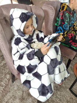 Fleece deken met capuchon & mouwen – kind - voetbal