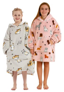 Fleece deken met capuchon & mouwen - kind - poezen of honden