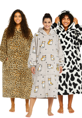 Extra lange fleece deken met capuchon & mouwen- div. prints