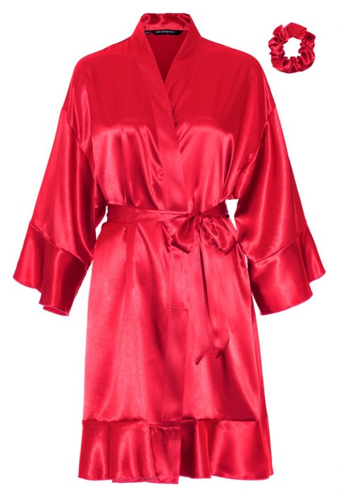 BEBYONDKimono ochtendjas en bruidsmeisjesbadjas, satijnen en lange kimono, kantomrand, nachtkleding, feest, bruiloft, pyjama, Zwart-1, Eén Maat