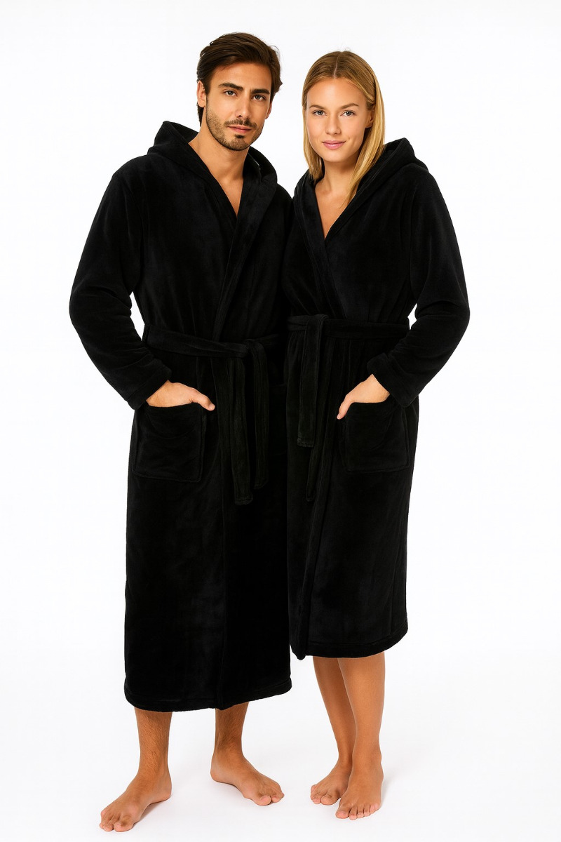 Zwarte Fleece Badjas Met Capuchon-l/xl