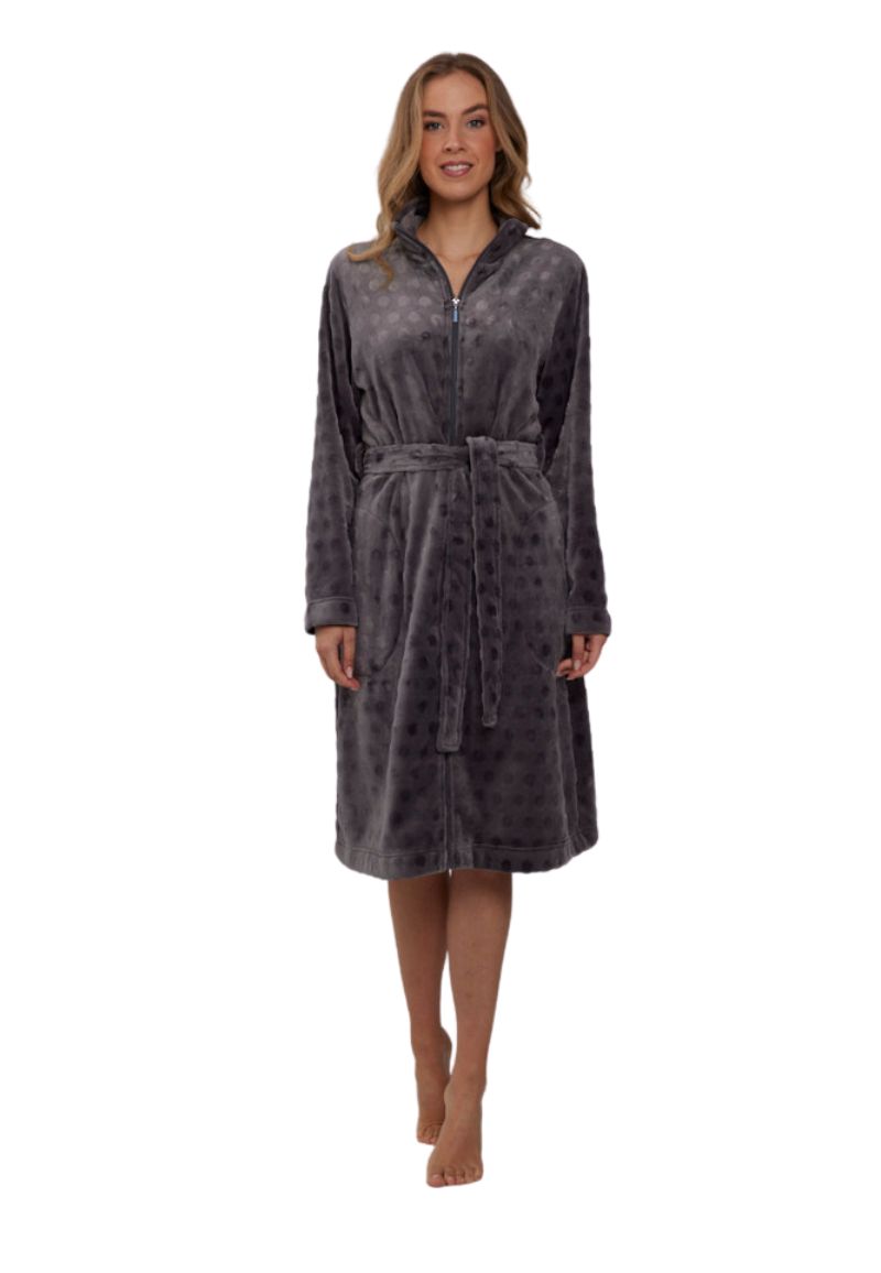 Pastunette Grijze Damesbadjas Met Rits - Stippen Reliëf - 100% Fleece-(36-38) S