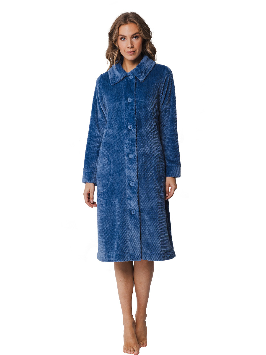 Pastunette Blauwe Damesbadjas Met Knoopsluiting - Zacht Fleece-(36-38) S