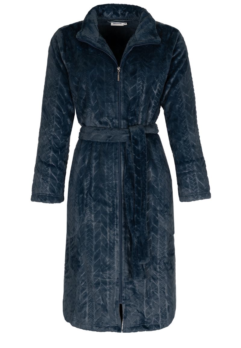 Pastunette Damesbadjas Met Rits - Donkerblauw - Kabelpatroon-(40-42) M