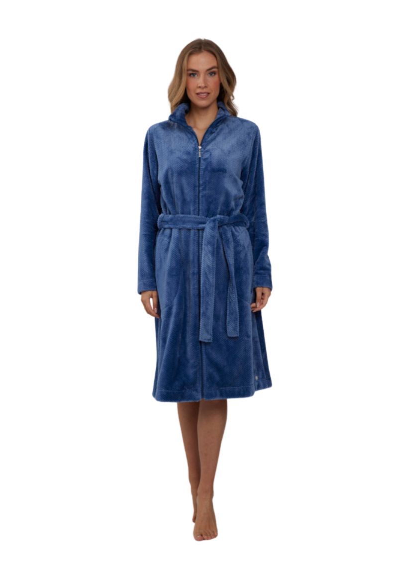 Pastunette Damesbadjas Blauw Met Rits - Fleecestof-(44-46) L