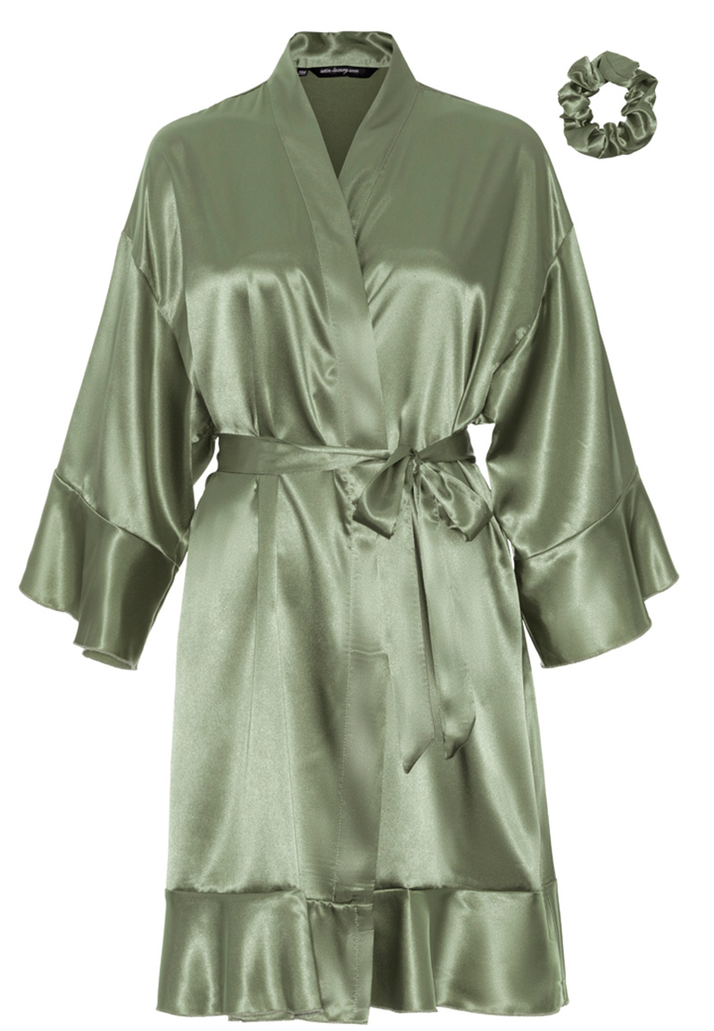 Satin-Luxury Olijf Groene Badjas Kimono - Ruffle