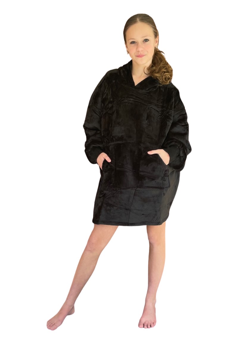 Badrock Fleece Deken Met Capuchon & Mouwen - Kind - Zwart